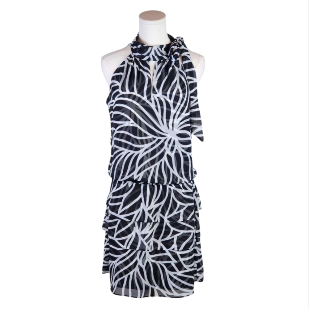 WHBM Black White Abstract Halter Dress 4 Tiered Ruffle Sleeveless Party